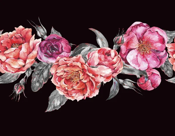Vintage akvarell varrat nélküli határ a virágzó virágok. Rózsák — Stock Fotó