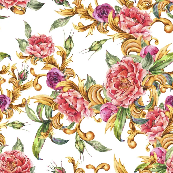 Watercolor golden baroque floral curl with blooming flowers seam — Stock Photo, Image