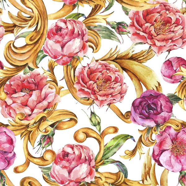 Watercolor vintage golden baroque seamless pattern with pink blo — Stock Photo, Image