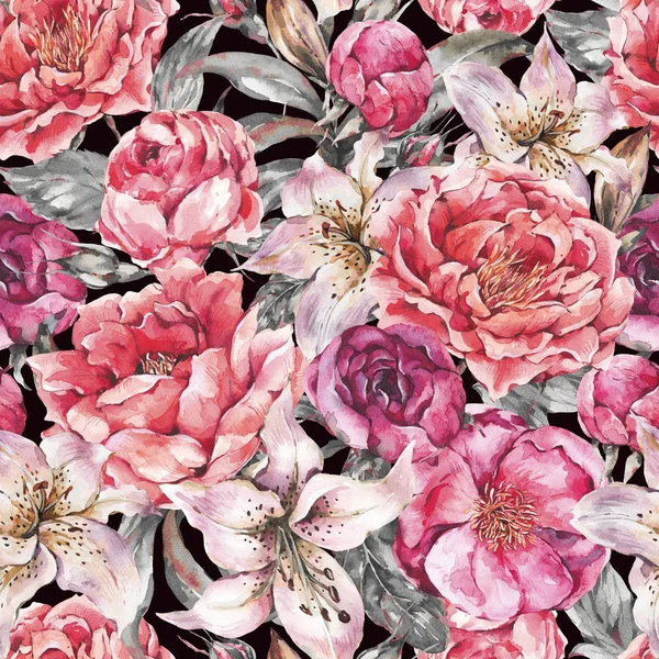 Vintage akwarela bez szwu wzór z kwitnących kwiatów. Róże — Zdjęcie stockowe
