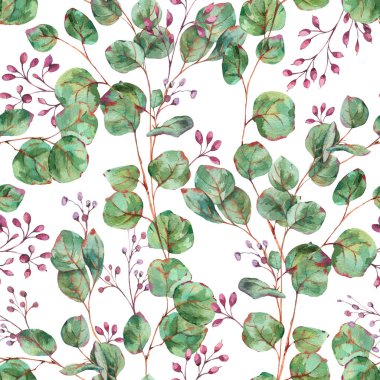 Suluboya Blooming Okaliptüs Dikişsiz Desen, Doğal Vintage