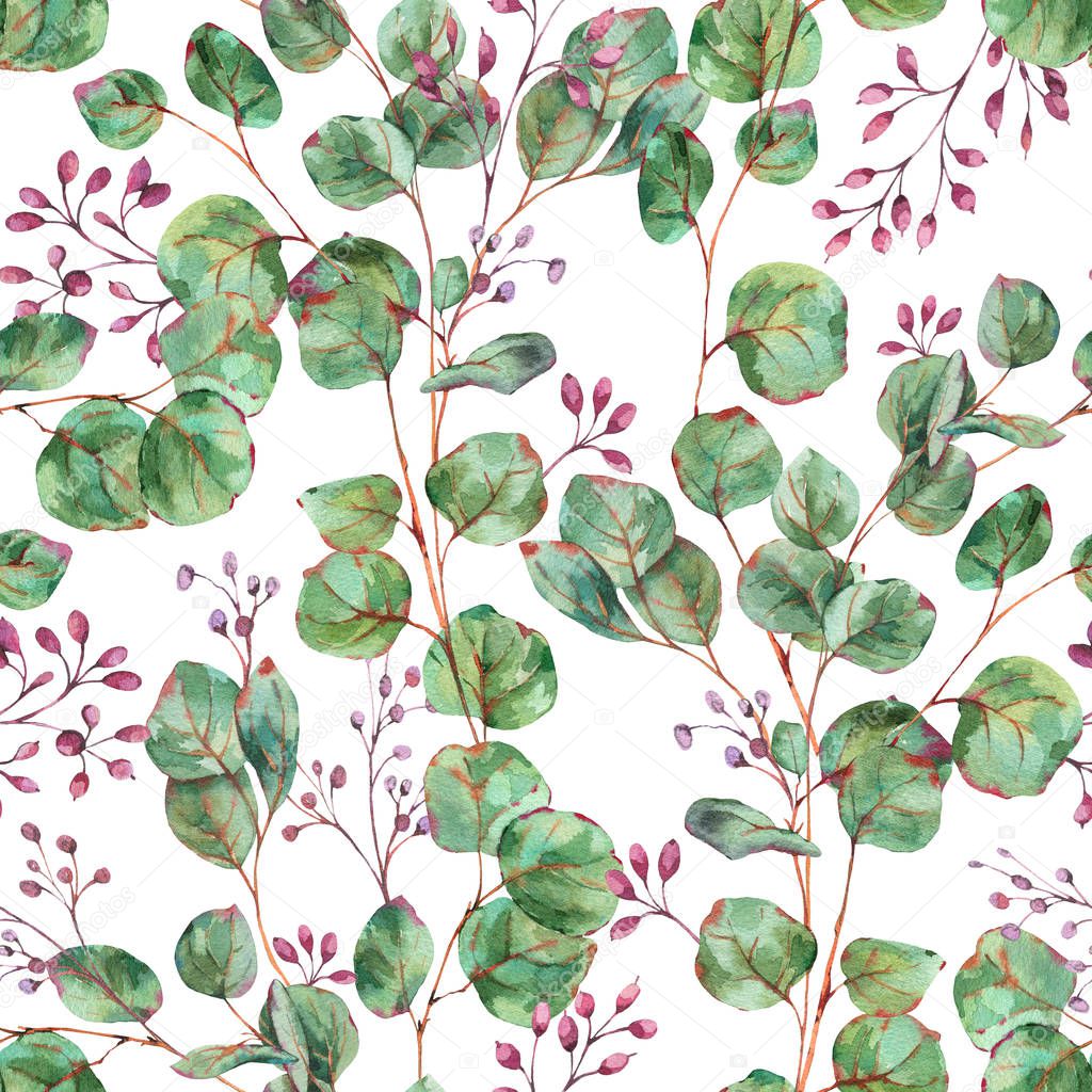 Watercolor Blooming Eucalyptus Seamless Pattern, Natural Vintage