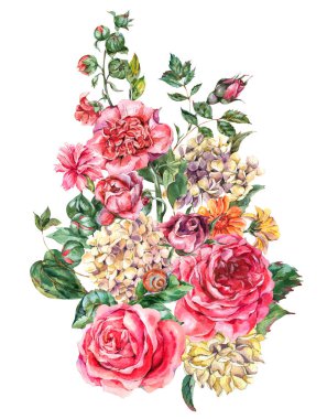 Pembe Güllerle suluboya Çiçek Buketi, Hydrangea, Sn