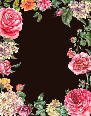 Pembe Güllerle suluboya Çiçek Çerçevesi, Hydrangea, Snai