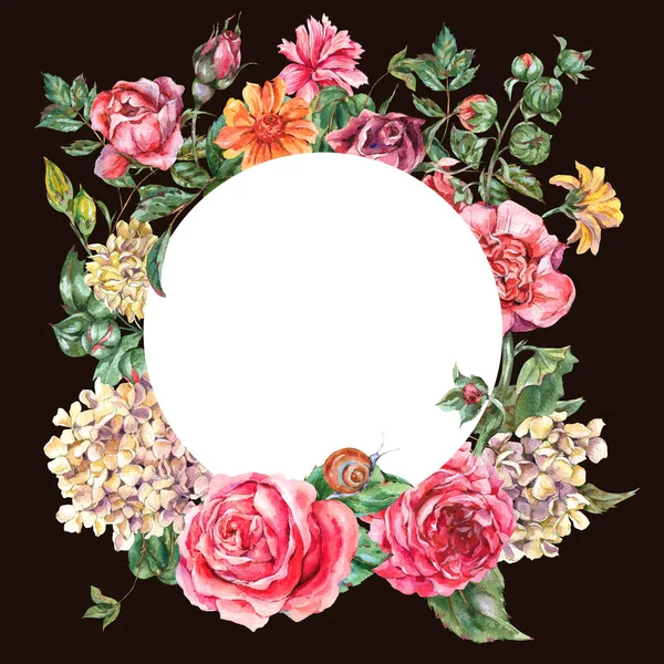 Akwarela Vintage kwiatowe okrągłe ramki z różowymi różami, hortensja — Zdjęcie stockowe