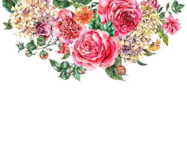 Watercolor Vintage Floral Bouquet with Pink Roses, Hydrangea, Sn — стокове фото