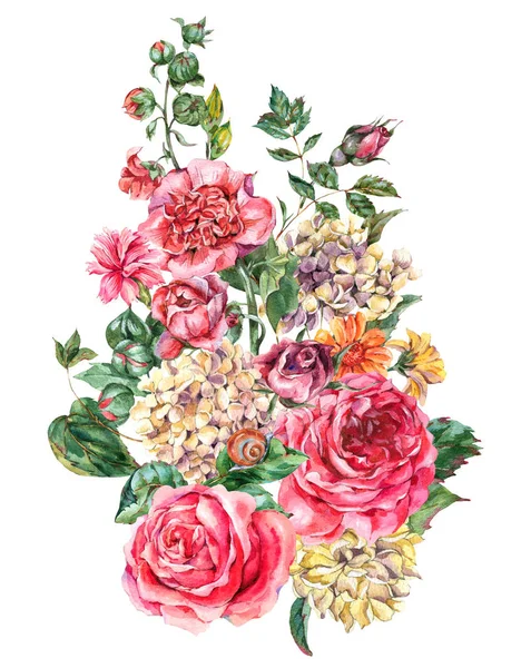 Aquarel Vintage Bloemenboeket met roze rozen, Hortensia, Sn — Stockfoto