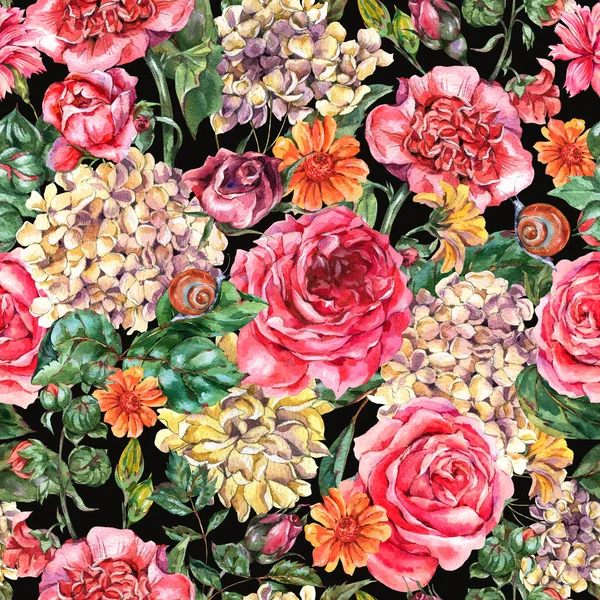 Akvarell Vintage Virágos Varrat nélküli minta rózsaszín rózsa, Hydr — Stock Fotó