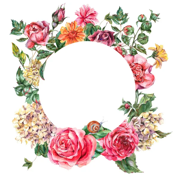 Watercolor Vintage Floral Round Frame with Pink Roses, Hydrangea — Stock Photo, Image