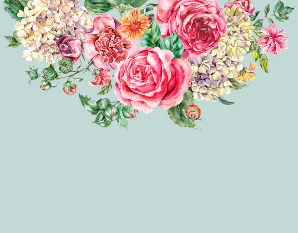 Watercolor Vintage Floral Bouquet with Pink Roses, Hydrangea, Sn — стокове фото