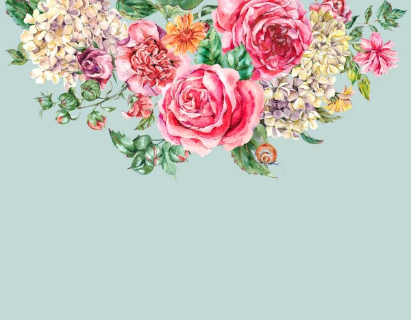 Aquarelle Vintage Bouquet Floral avec Roses Roses, Hortensia, Sn — Photo