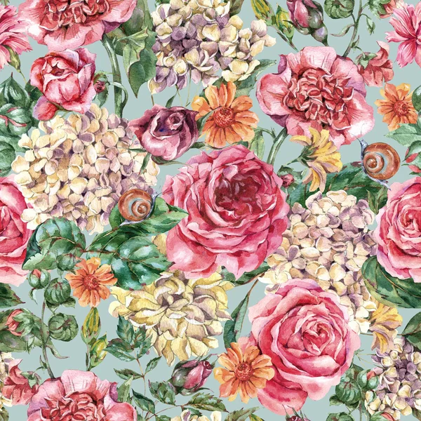 Υδατογραφία Vintage Floral Seamless Pattern με ροζ τριαντάφυλλα, Hydr — Φωτογραφία Αρχείου