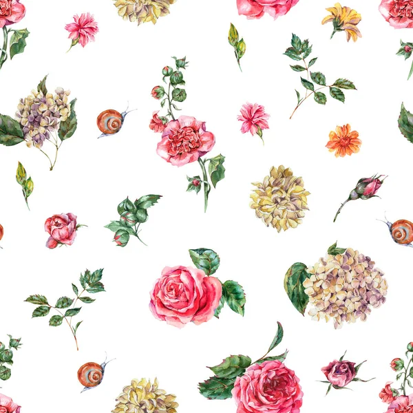 Cute Watercolor Vintage Floral Seamless Pattern with Pink Roses, — стокове фото
