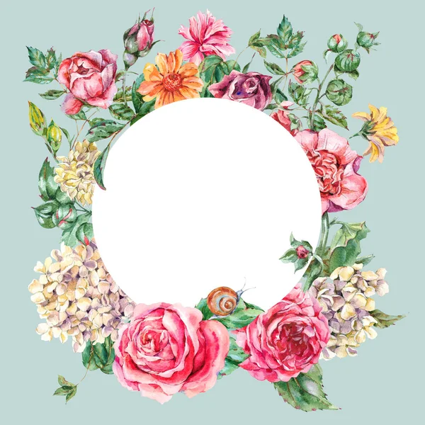 Watercolor Vintage Floral Round Frame with Pink Roses, Hydrangea — Stock Photo, Image