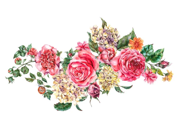 Akwarela Czeski Vintage bukiet kwiatowy z różowymi różami, Hydr — Zdjęcie stockowe