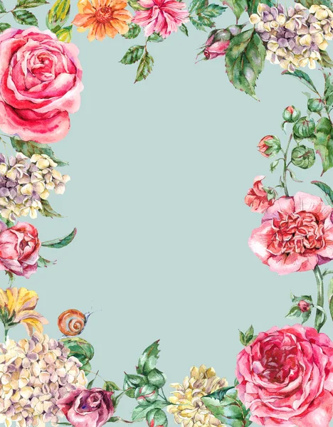 Aquarell Vintage Blumenrahmen mit rosa Rosen, Hortensien, Snai — Stockfoto