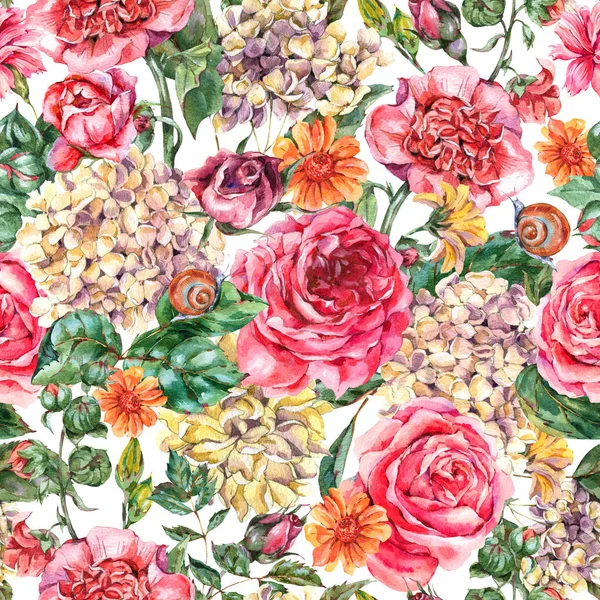 Watercolor Vintage Floral Seamless Pattern with Pink Roses, Hydr — стокове фото