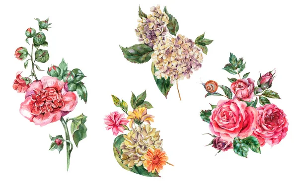 Aquarell Vintage Blumenstrauß mit rosa Rosen, Hydran — Stockfoto
