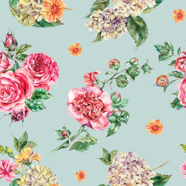 Akvarell Vintage Blommig sömlös mönster, bukett med rosa Ro — Stockfoto