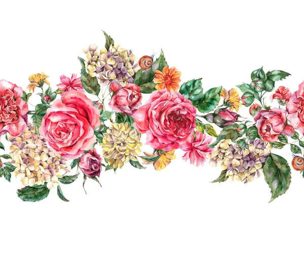 ピンクのバラ、ヒドラと水彩ヴィンテージ花シームレスボーダー — ストック写真