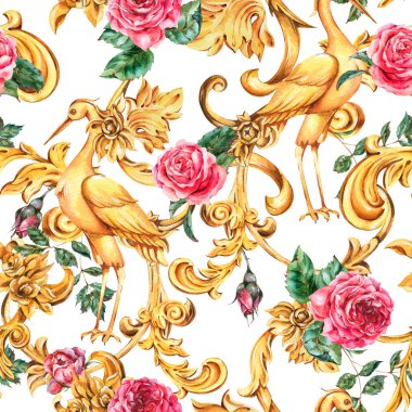 Suluboya altın barok vinç pürüzsüz desen ve kırmızı gül, f