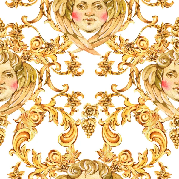 Aquarelle luxe ange baroque doré motif sans couture, floral — Photo