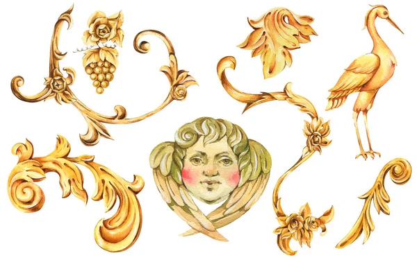 Barvarel zlatá barokní květinové kadeře, rokokový ozdobný prvek. — Stock fotografie