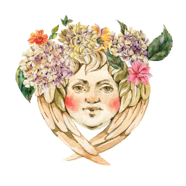 Watercolor golden baroque angel, with hydrangea and wildflowers, — Stock Photo, Image