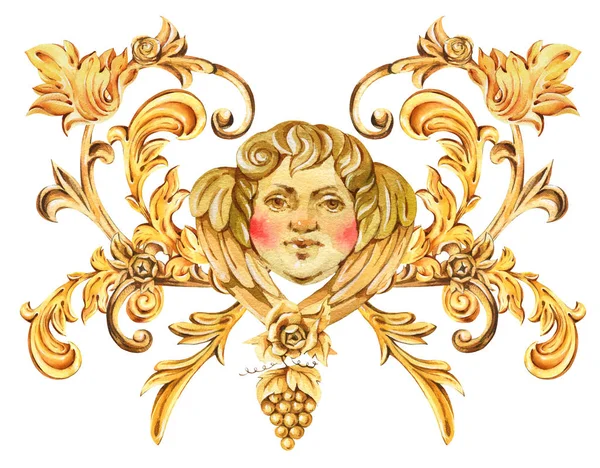 Akvarell arany barokk angyal, virágos göndör, rokokó dísz el — Stock Fotó
