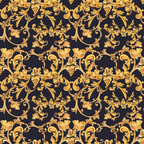 Акварель золотой барокко бесшовный узор из цветочных завитков и гр. — стоковое фото