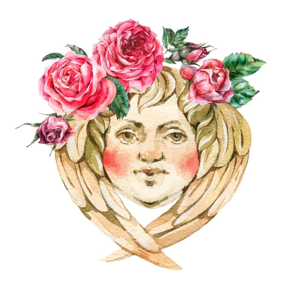 Watercolor golden baroque angel, with red roses, rococo ornament — Stock Photo, Image