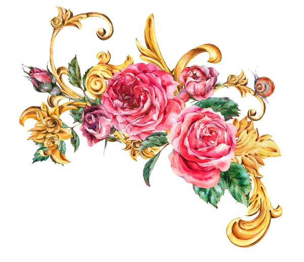 Acuarela barroca dorada rizo floral y rosas rojas viñeta, ro — Foto de Stock
