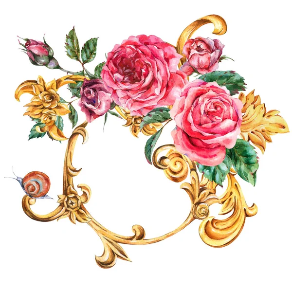Watercolor golden baroque floral curl and red roses round frame, — Stock Photo, Image