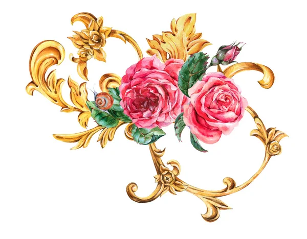 Aquarel gouden barokke bloemen krul en rode rozen, rococo orna — Stockfoto