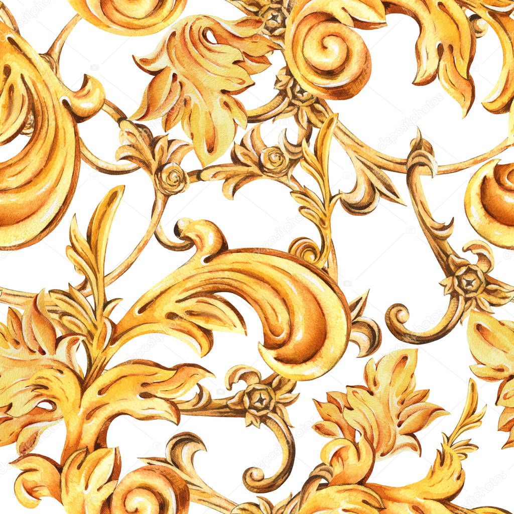 Watercolor golden baroque floral curl seamless pattern, rococo o