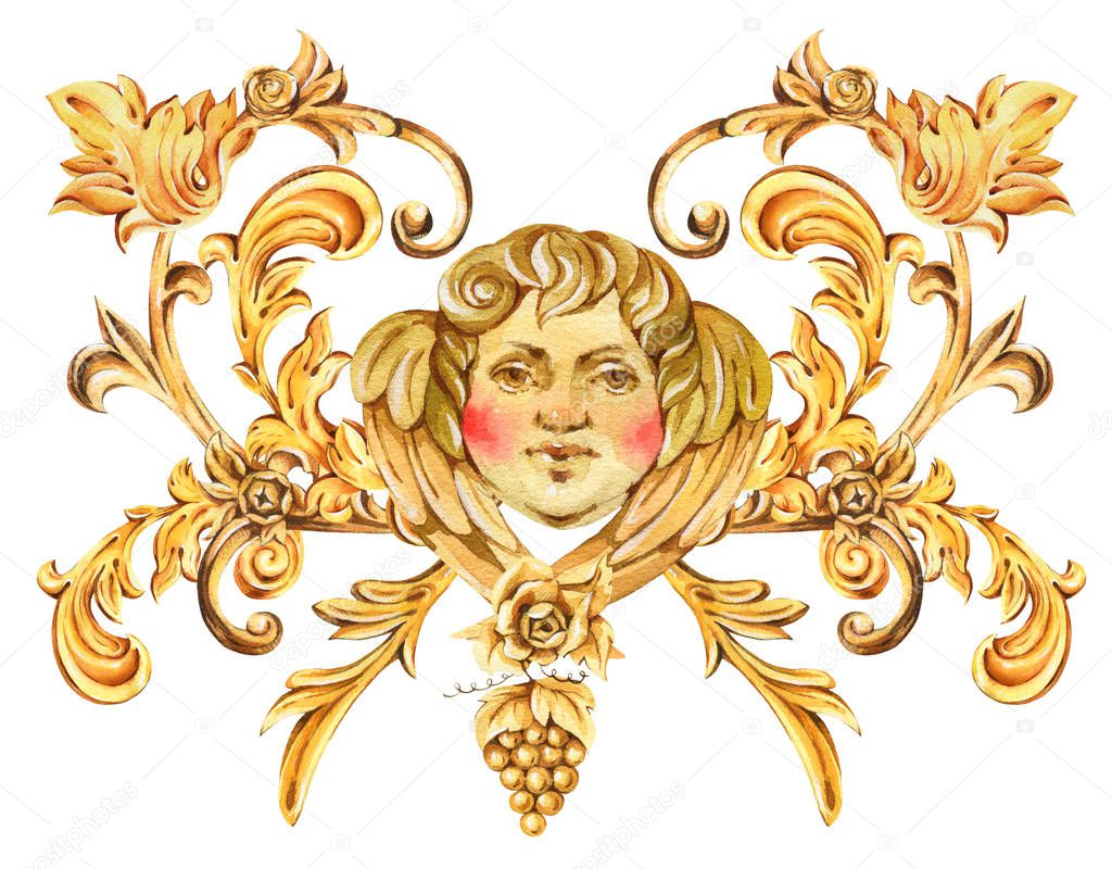 Watercolor golden baroque angel, floral curl, rococo ornament el