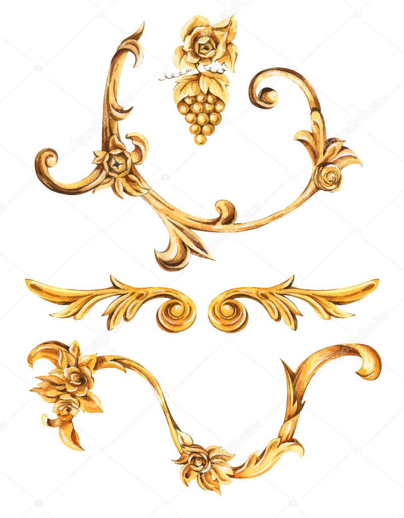 Watercolor golden baroque set of floral curl, rococo ornament el