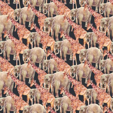 Fil, zürafa, siyah arka planda dikişsiz suluboya desen. Orman, safari hayvanları.