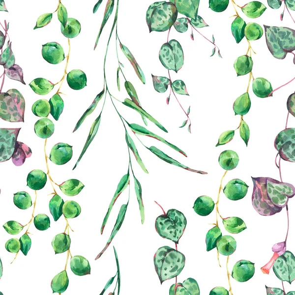 Υδατογραφία Τροπικά Πράσινα Φύλλα Αδιάλειπτη Μοτίβο Καλοκαίρι Vintage Βοτανική Ταπετσαρία — Φωτογραφία Αρχείου