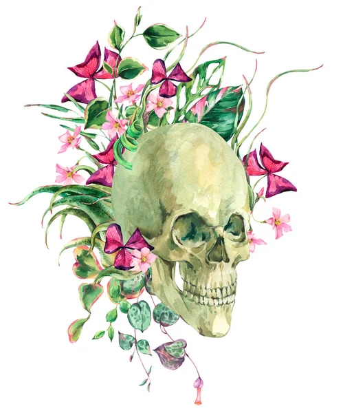 Watercolor floral skull illustration with tropical flowers, creepy flowered skull isolated on white background. Day of the dead spooky skull