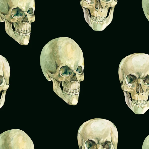 水彩の頭蓋骨のシームレスなパターン黒の背景に不気味な頭蓋骨のテクスチャ 不気味な頭蓋骨の壁紙 — ストック写真