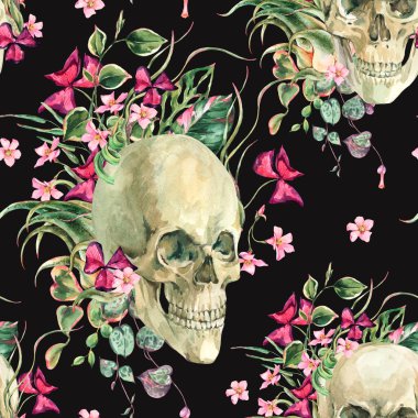 Çiçeksiz, tropik çiçekli suluboya kafatası deseni, siyah arka planda tüyler ürpertici çiçekli kafatası. Ölü hayalet kafatasının günü. 