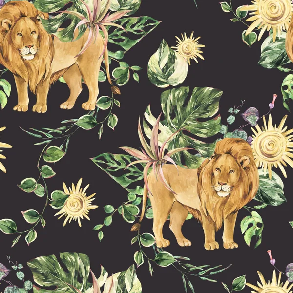 水彩花热带狮子动物无缝图案黑色背景 丛林狩猎纹理 — 图库照片