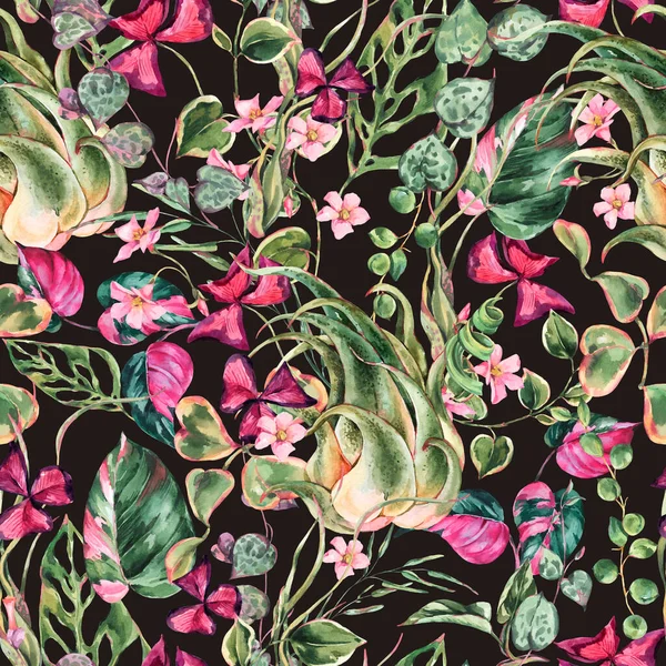 Akvarell Blommiga Tropiska Blad Sömlösa Mönster Botanisk Sommarstruktur Sommarväxter Naturliga — Stockfoto