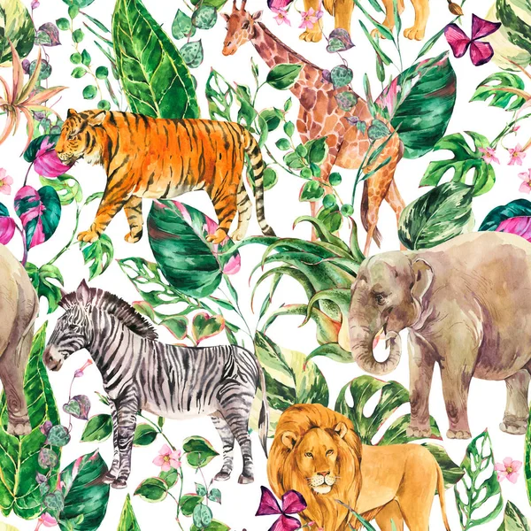 Watercolor jungle seamless pattern, safari animals floral summer texture. Tropical watercolor giraffe, elephant. Greenery zebra and tiger wallpaper on white background