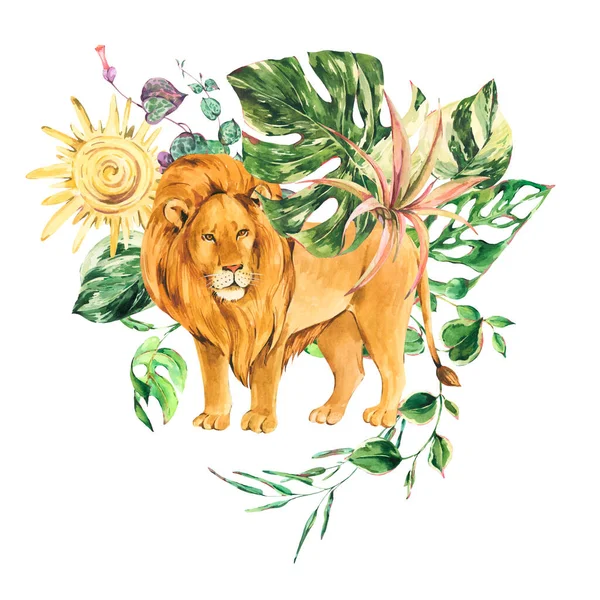 Aquarel Bloemen Tropische Leeuw Dieren Illustratie Geïsoleerd Witte Achtergrond Jungle — Stockfoto