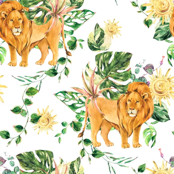 Watercolor floral tropical lion animals seamless pattern on white background. Jungle safari texture