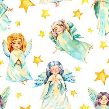 Beyaz arka planda kanatları olan suluboya melek deseni. Noel meleği dokusu