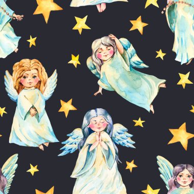 Siyah arka planda kanatları olan suluboya melek deseni. Noel meleği dokusu