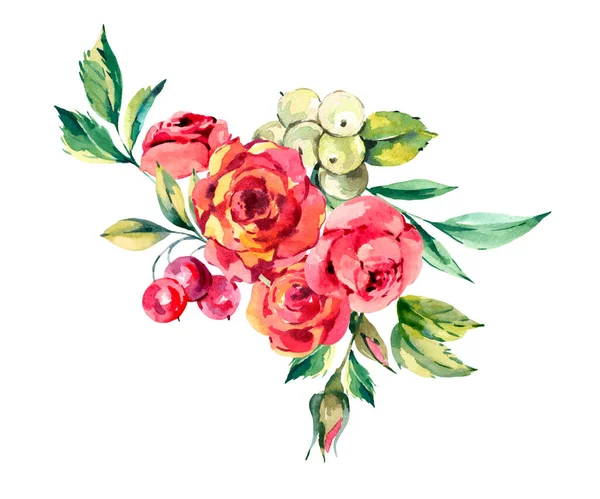 Watercolor Red Flowers Arrangement Vintage Roses Berries Isolated White Background — Stock Photo, Image